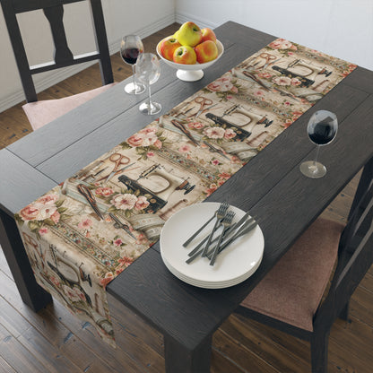 Classic Floral Sewing Ensemble: Vintage-Inspired with Antique Sewing Machine and Scissors - Table Runner (Cotton, Poly)