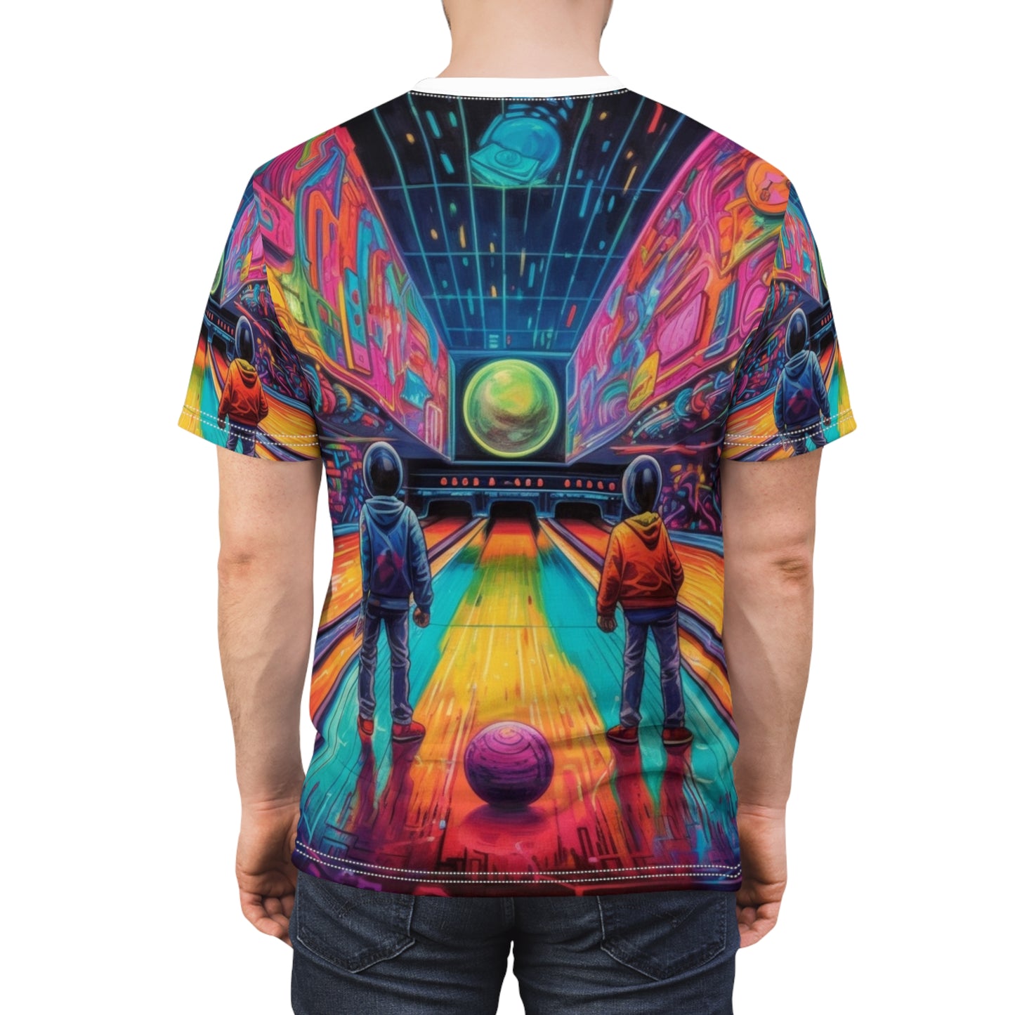 Trippy Bowling Alley: Retro-Futuristic Pin Strike Zone - Unisex Cut & Sew Tee (AOP)