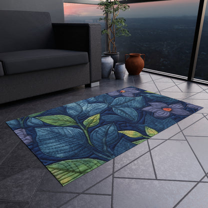 Floral Embroidery Blue: Denim-Inspired, Artisan-Crafted Flower Design - Outdoor Rug