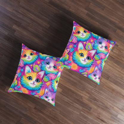 Happy Kitten & Cat Design - Vivid, Colorful & Eye-Catching - Tufted Floor Pillow, Square