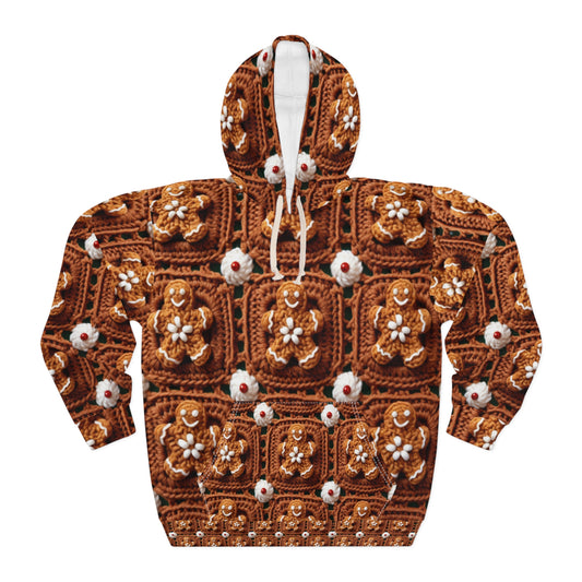 Gingerbread Man Crochet, Classic Christmas Cookie Design, Festive Yuletide Craft. Holiday Decor - Unisex Pullover Hoodie (AOP)