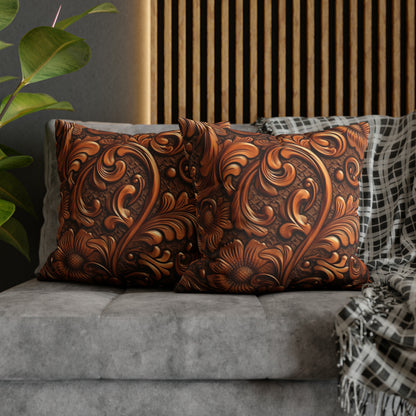 Leather Flower Cognac Classic Brown Timeless American Cowboy Design - Spun Polyester Square Pillow Case