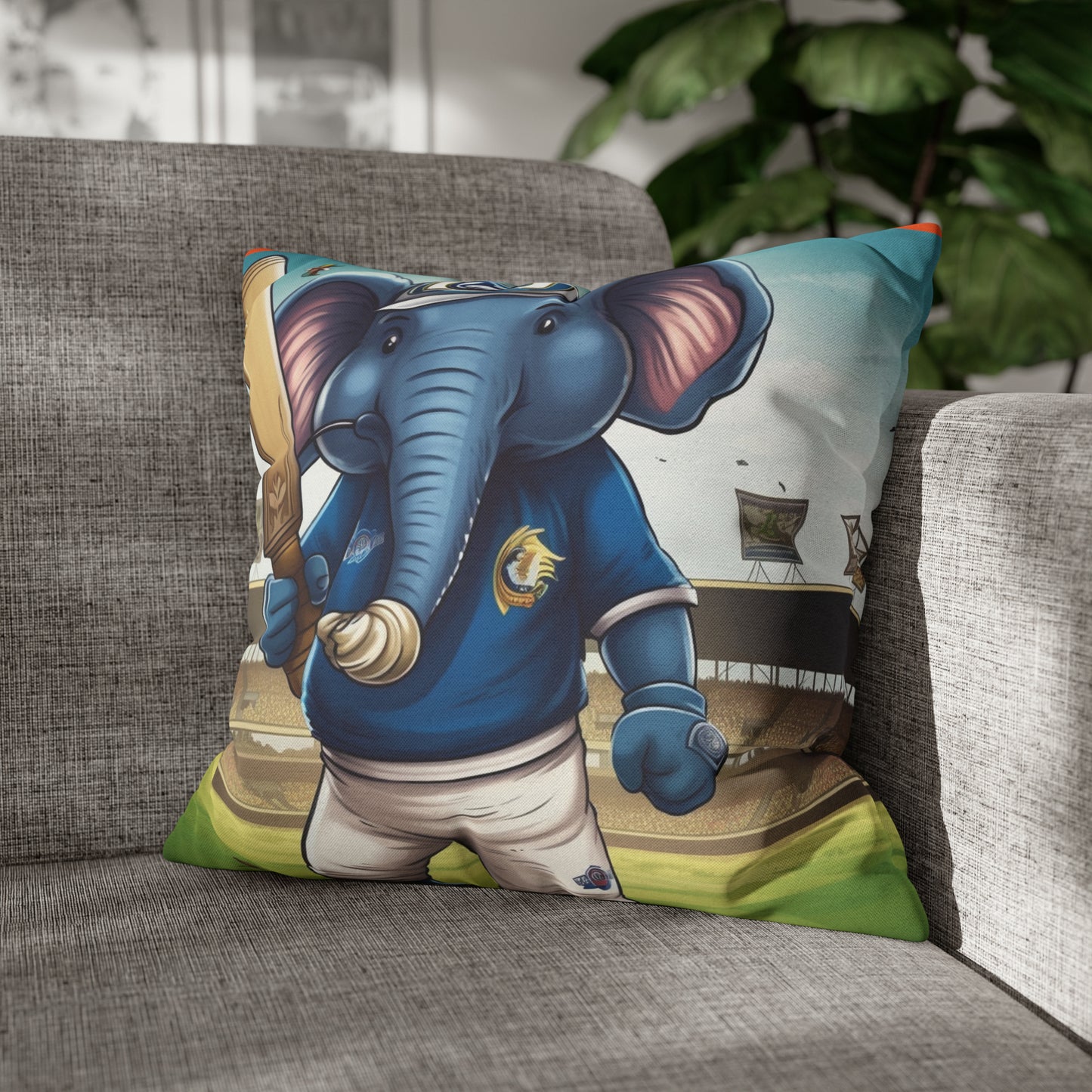 India Elephant Cricket Sport Star: Pitch, Run, Stump Game - Animated Charm - Spun Polyester Square Pillow Case