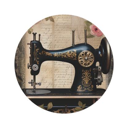 Gothic Black Sewing Machine with Golden Accents and Roses, Classic Tailoring - Round Rug