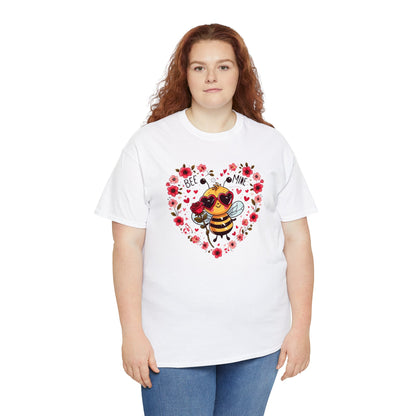 Whimsical Bee Love: Heartfelt Valentines Design with Floral Accents and Heart Sunglasses - Unisex Heavy Cotton Tee