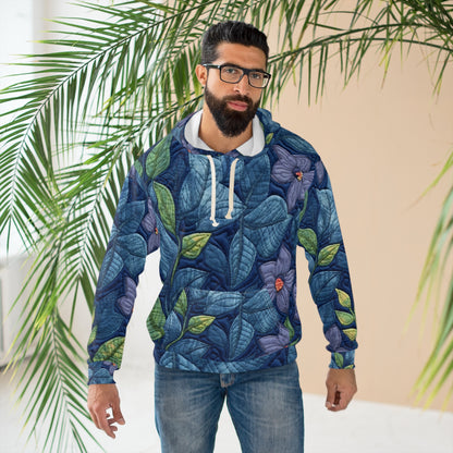 Azul bordado floral: diseño de flores artesanal e inspirado en la mezclilla - Sudadera con capucha unisex (AOP) 