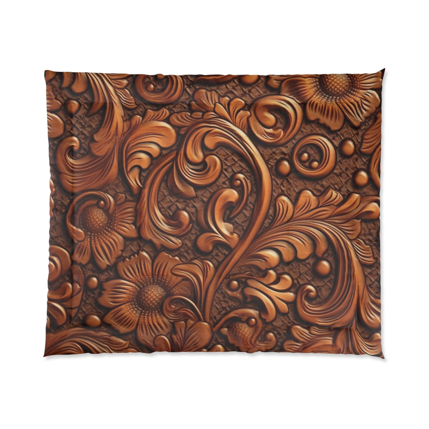 Leather Flower Cognac Classic Brown Timeless American Cowboy Design - Bed Comforter