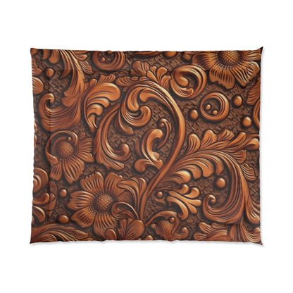 Leather Flower Cognac Classic Brown Timeless American Cowboy Design - Bed Comforter