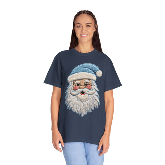 Blue Santa Chenille Patch - Chritmas Hoiday Design - Unisex Garment-Dyed T-shirt