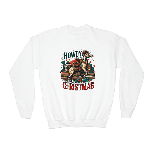 Old West Holiday Cheer - Cowboy Christmas with Festive Wreath and Star-Spangled Horse - Youth Crewneck Sweatshirt