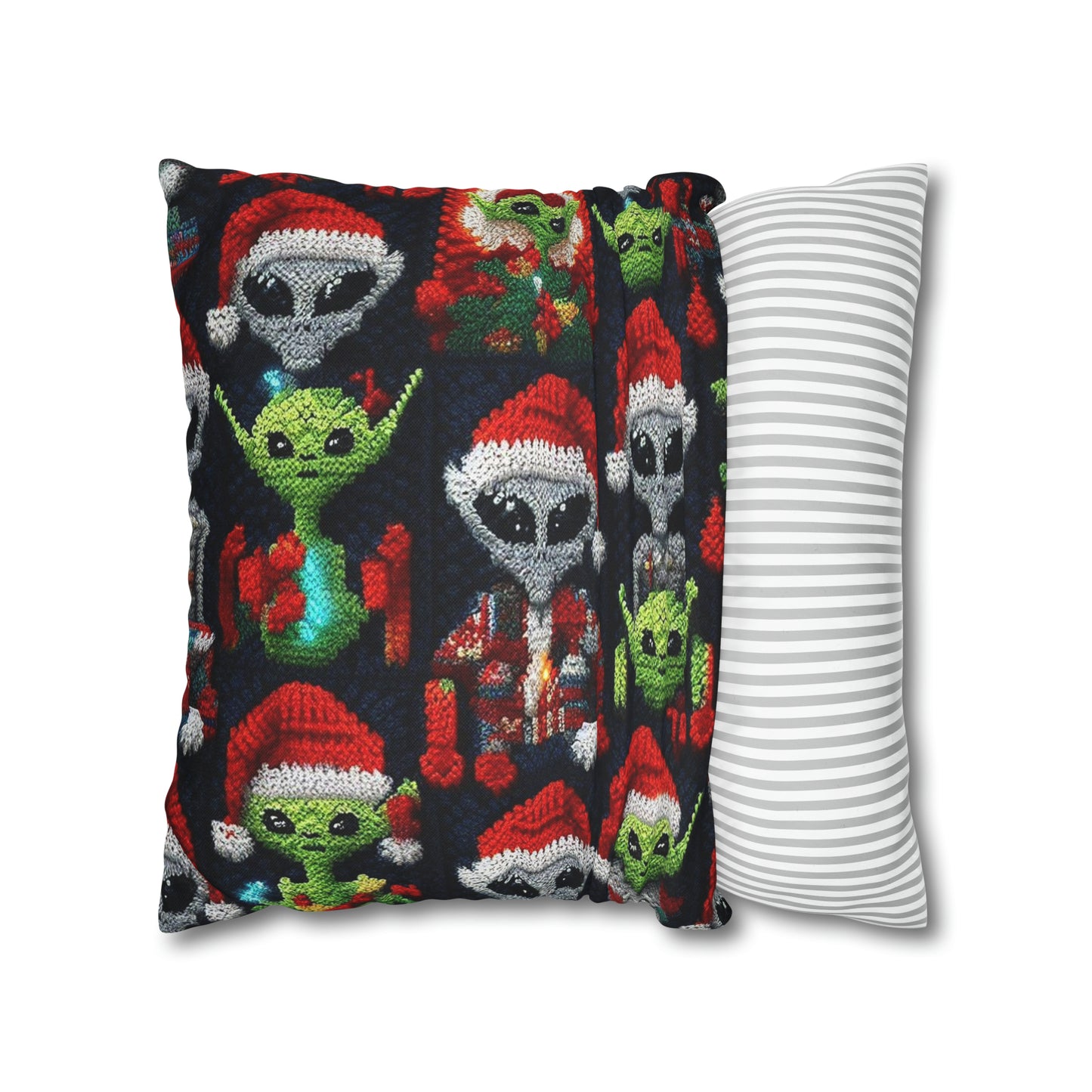 Festive Alien Invasion: Intergalactic Christmas Holiday Cheer with Santa Hats and Seasonal Gifts Crochet Pattern - Spun Polyester Square Pillow Case