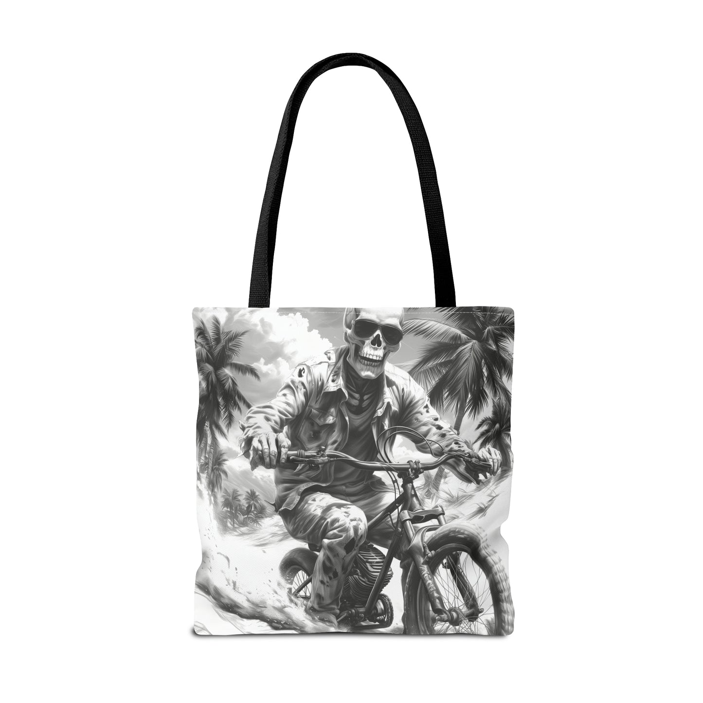 Biker Skeleton Wearing Sunglasses, Riding Sunset Boulevard in California Motorcycle, Tote Bag (AOP)