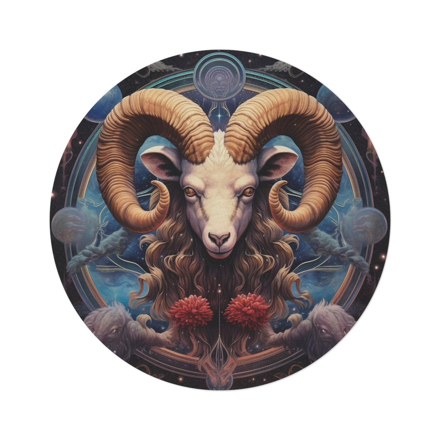 Aries Zodiac Ram - Vibrant Astrological Sign Cosmic Space Symbol - Round Rug