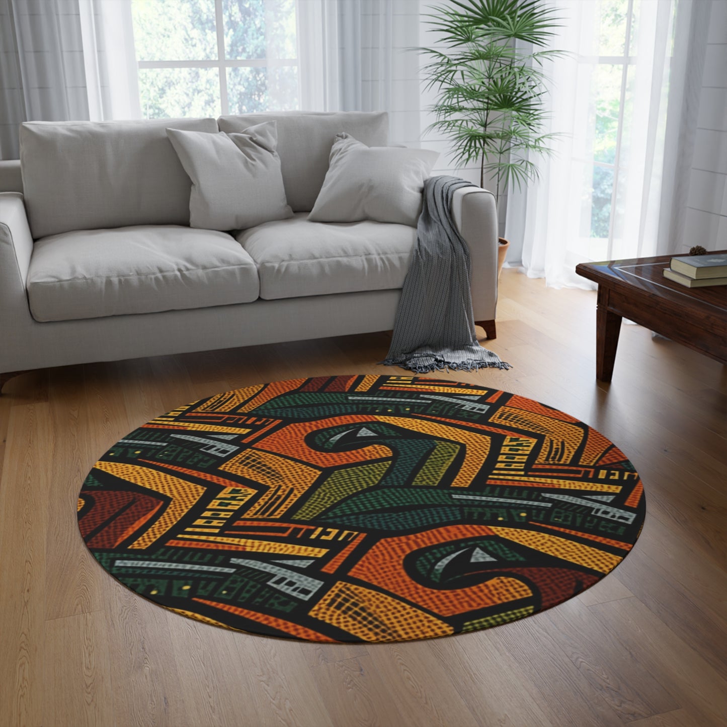 1960-1970s Style African Ornament Textile - Bold, Intricate Pattern - Round Rug