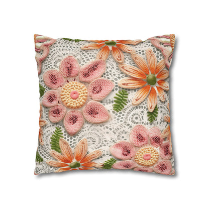 Floral Embroidered Eyelet: Delicate Flower Elegant Pattern - Spun Polyester Square Pillow Case