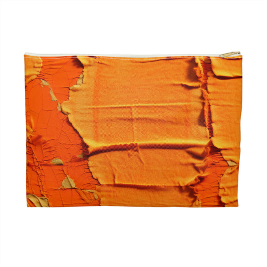 Fiery Citrus Orange Edgy Distressed, Denim-Inspired Fabric - Accessory Pouch