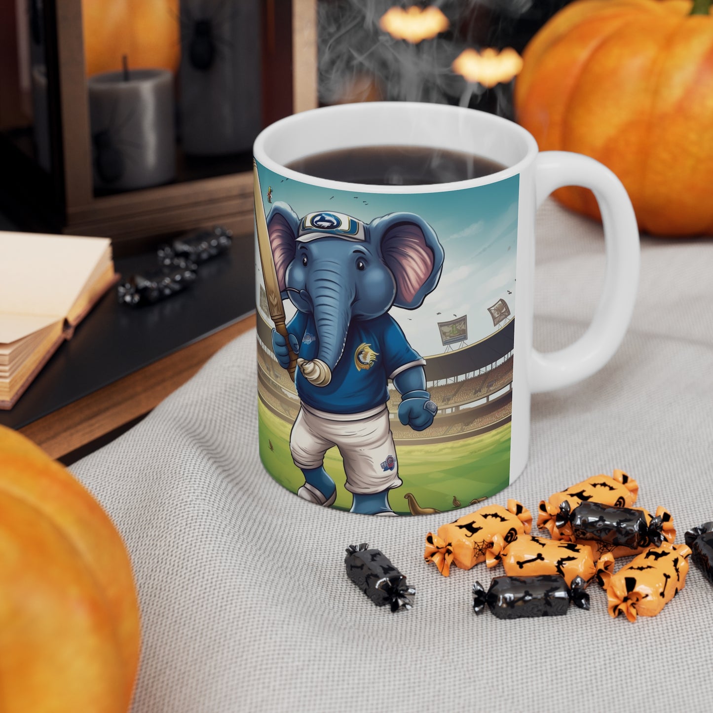 India Elephant Cricket Sport Star: Pitch, Run, Stump Game - Animated Charm - Ceramic Mug 11oz