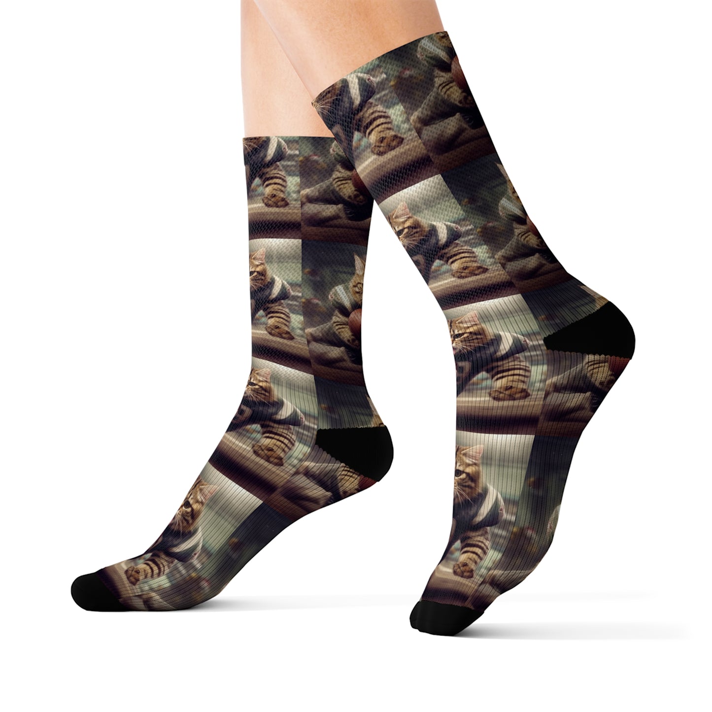 Football Field Felines: Kitty Cats in Sport Tackling Scoring Game Position - Sublimation Socks