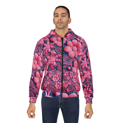 Denim Blue Doll Pink Floral Embroidery Style Fabric Flowers - Unisex Zip Hoodie (AOP)