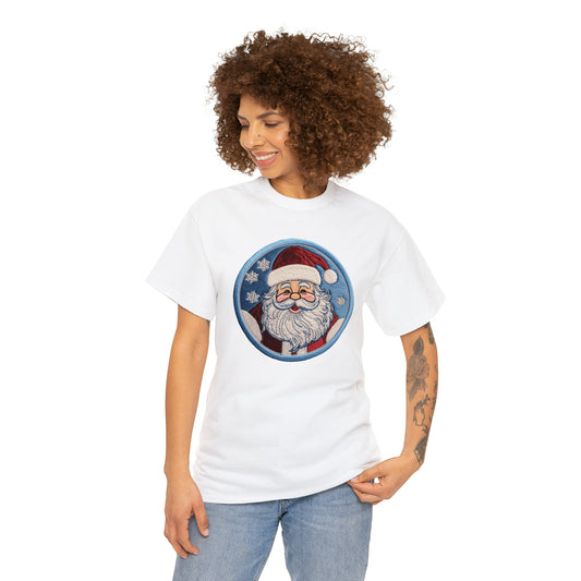 Santa Chenille Patch: Christmas Festive Holiday Design - Unisex Heavy Cotton Tee