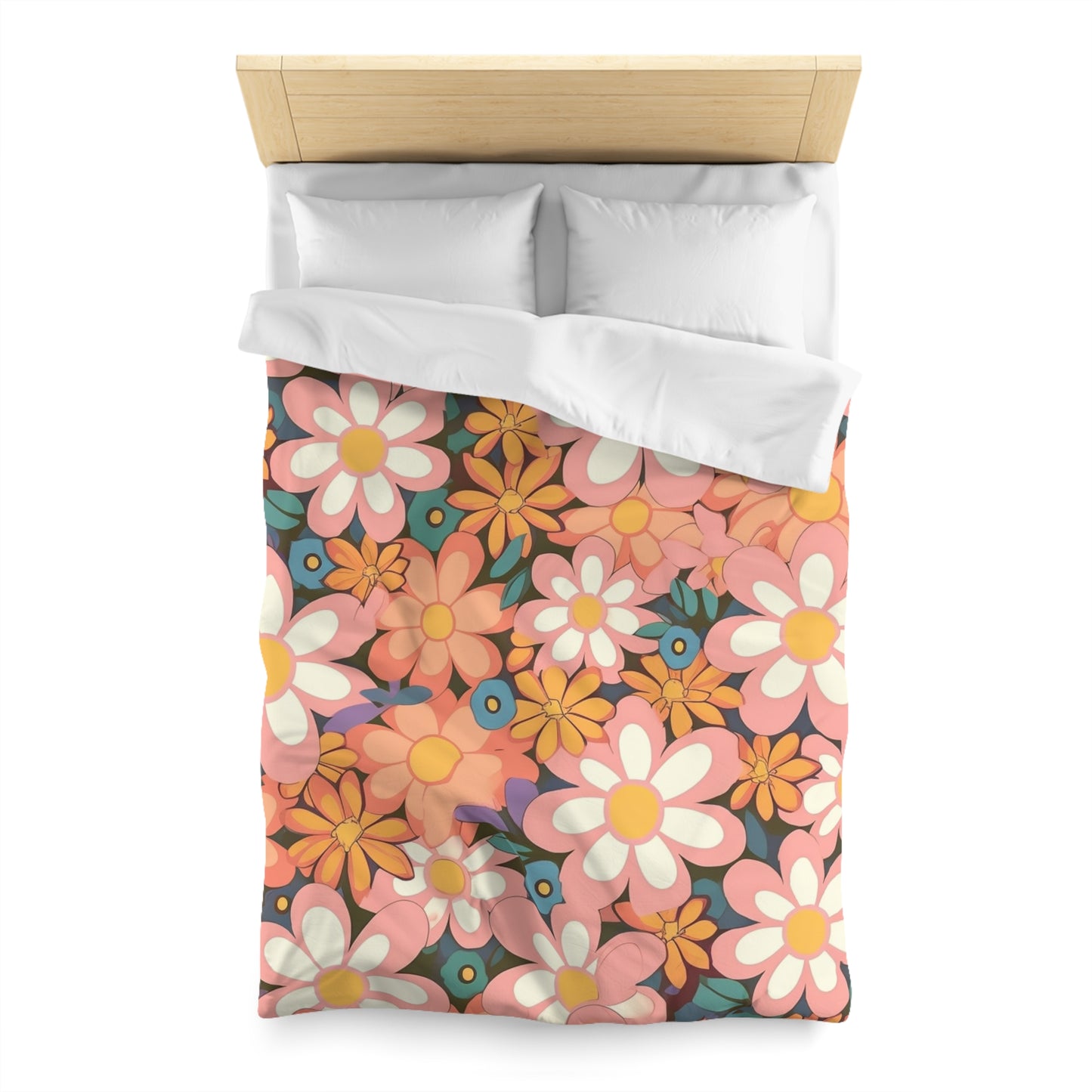 Groovy 1960s 1970s Pink & Orange Daisy Mod Floral - Microfiber Duvet Cover