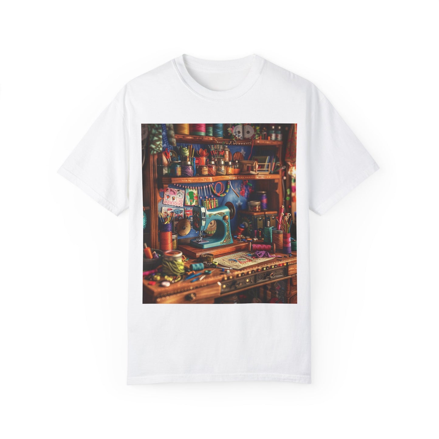 Seamstress Dream: Enchanted Sewing Nook Tapestry, Artisan Craft Room - Unisex Garment-Dyed T-shirt