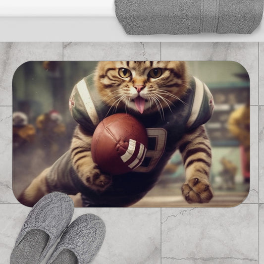 Football Field Felines: Kitty Cats in Sport Tackling Scoring Game Position - Bath Mat