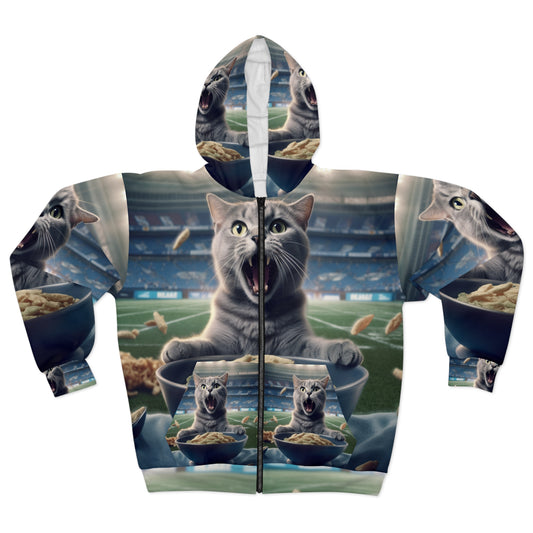 Felino de fútbol de medio tiempo: gatito de comida del estadio del gato fanático de los deportes gritando - Sudadera con capucha unisex con cremallera (AOP)