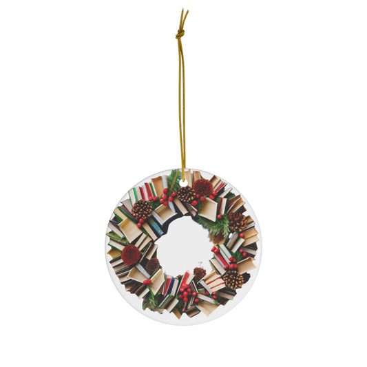 Holiday Book Wreath: Festive Literary Book Lover & Christmas Pinecone Arrangement - Ceramic Ornament, 4 Shapes
