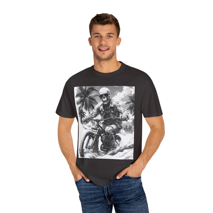 Biker Skeleton Wearing Sunglasses, Riding Sunset Boulevard in California Motorcycle, Unisex Garment-Dyed T-shirt