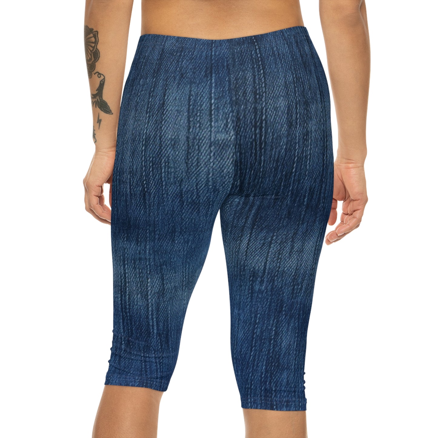 Indigo Splash: Washed Denim Reverie in Deep Blue - Women’s Capri Leggings (AOP)