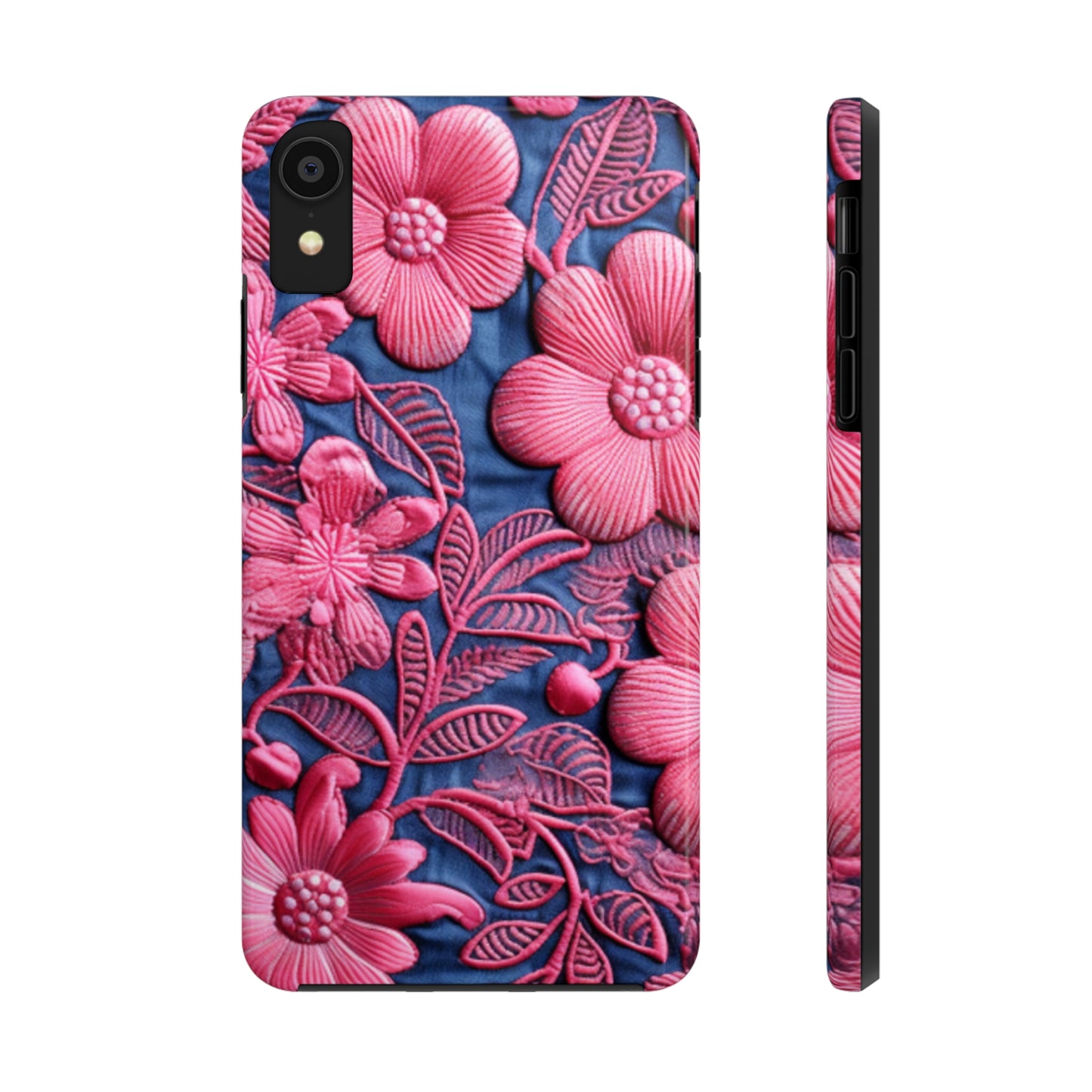 Denim Blue Doll Pink Floral Embroidery Style Fabric Flowers - Tough Phone Cases