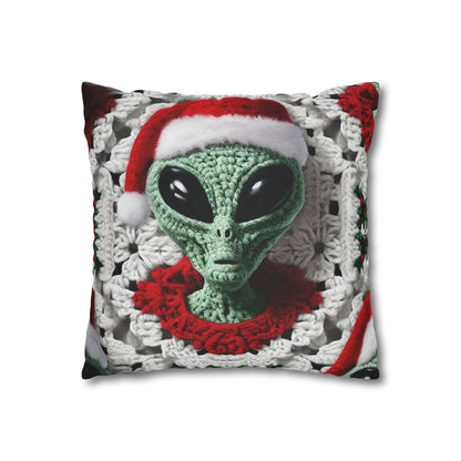 Santa's Cosmic Secret: Jolly Green Christmas Extraterrestrial with Festive Attire Crochet Art - Spun Polyester Square Pillow Case