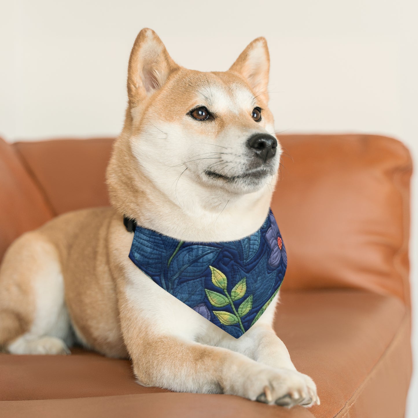 Floral Embroidery Blue: Denim-Inspired, Artisan-Crafted Flower Design - Pet Bandana Collar