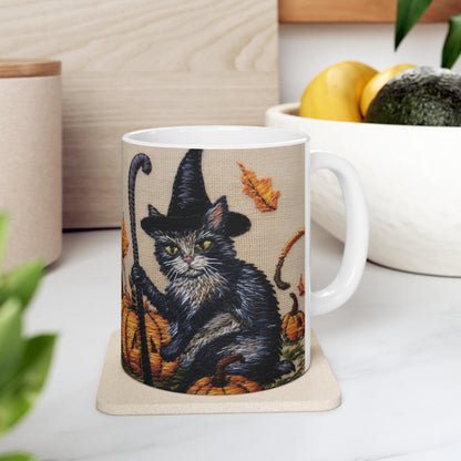 Halloween Cat Magic: Embroidered Style Feline with Pumpkins & Witch Hat - Ceramic Mug 11oz