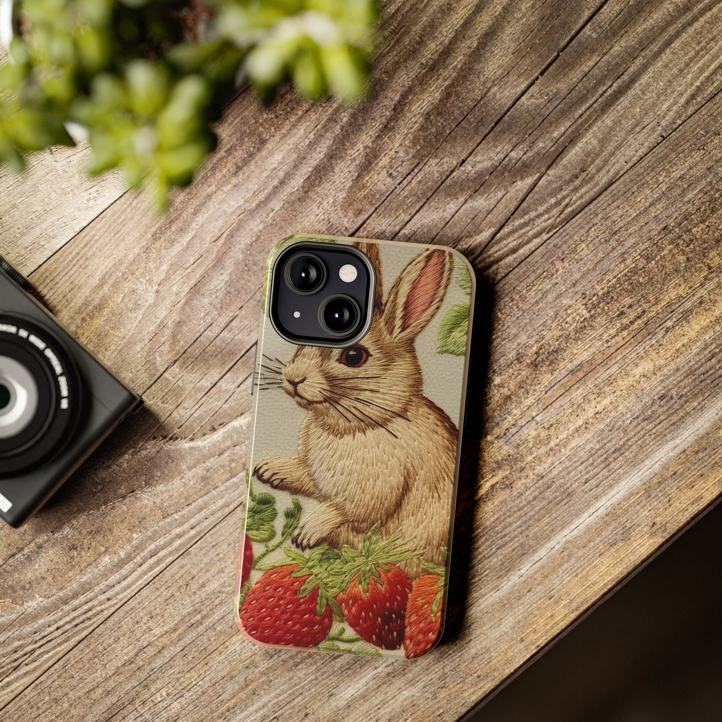 Strawberry Bunny Rabit - Embroidery Style - Strawberries Fruit Munchies - Easter Gift - Tough Phone Cases