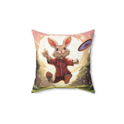 Disc Golf Rabbit: Bunny Aiming Frisbee for Basket Chain - Spun Polyester Square Pillow