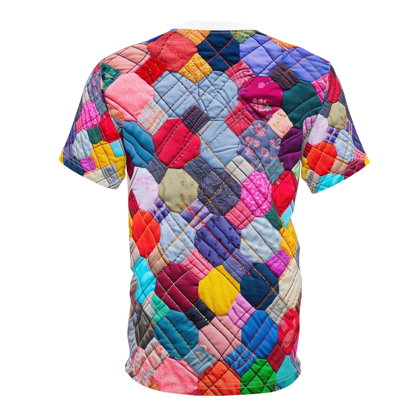 Colorful Patchwork Quilt, Multicolor Mosaic, Cozy Patchwork, Traditional Quilting Art, Eclectic Fabric Squares Design - Unisex Cut & Sew Tee (AOP)