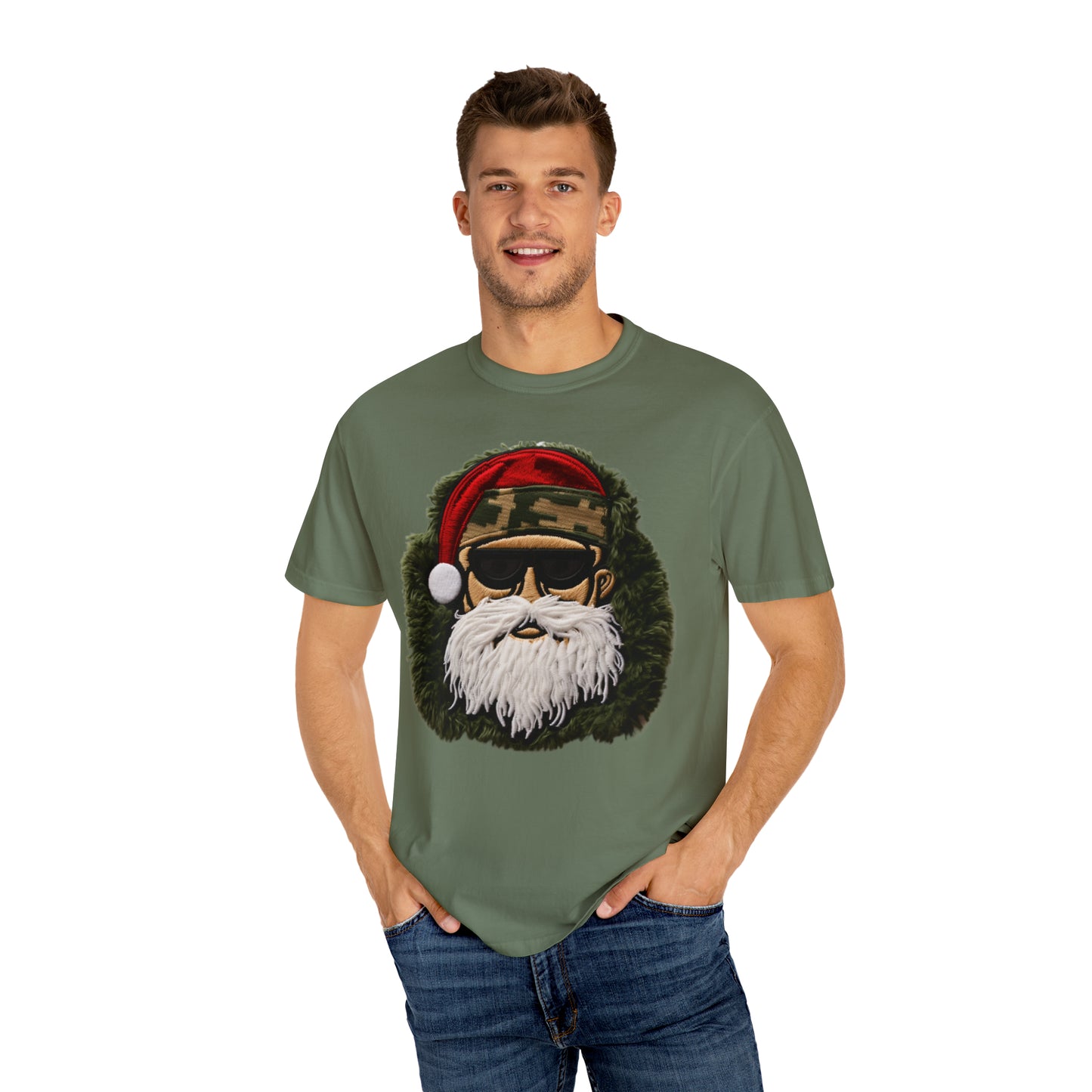 Camo Santa Chenille Patch - Military Christmas Decor - Marine Badge - Unisex Garment-Dyed T-shirt