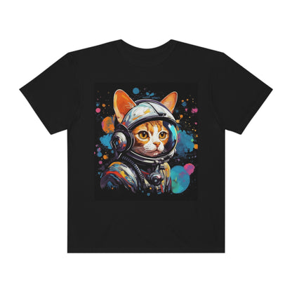 Astro Cat Adventure Feline - Arte pop, flotando en el espacio cósmico - Camiseta unisex teñida de prendas