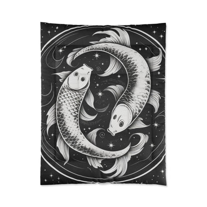 Manta acogedora de edredón Piscis, 100% poliéster, diseño de peces en blanco y negro, estampado a una cara 