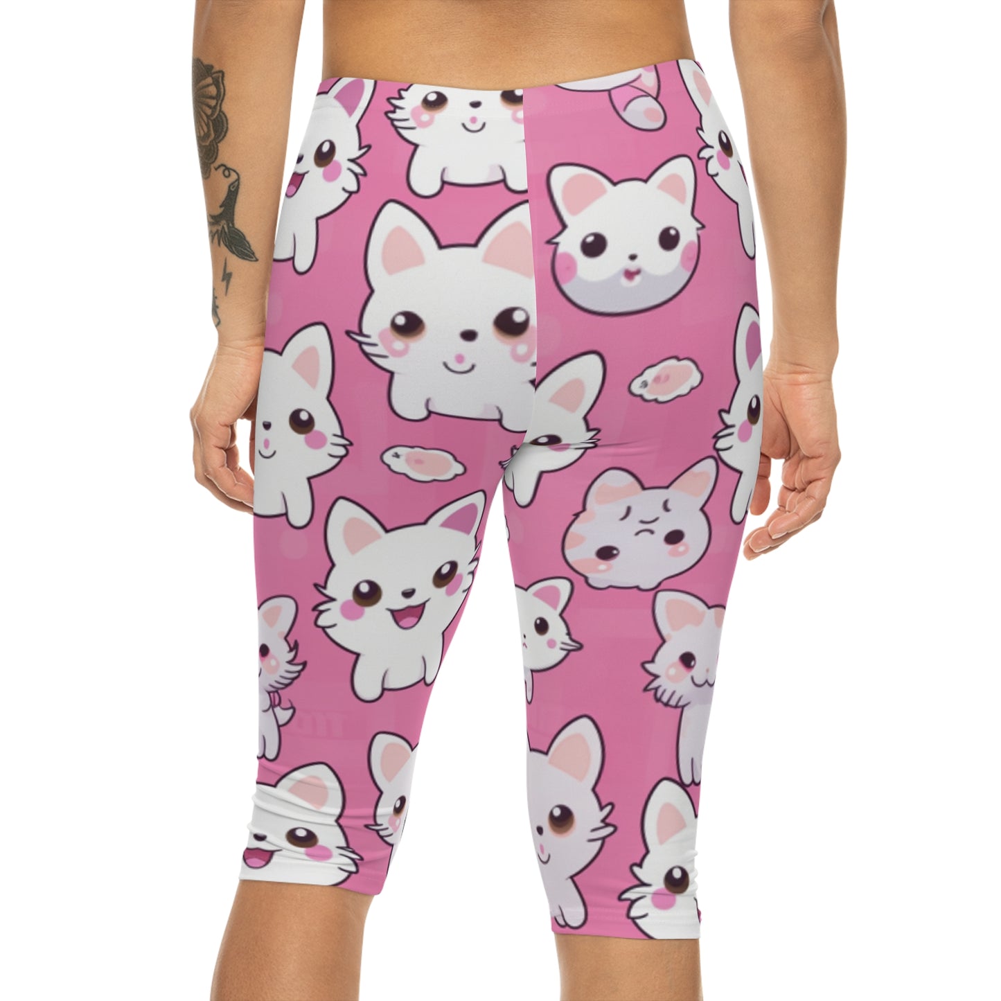 Adorable Cartoon-Style Anime Kitten, Cat, Kitty Pattern - Cute and Colorful - Women’s Capri Leggings (AOP)