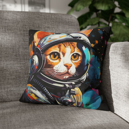 Astro Cat Adventure Feline - Pop Art, Floating in Cosmic Space - Spun Polyester Square Pillow Case