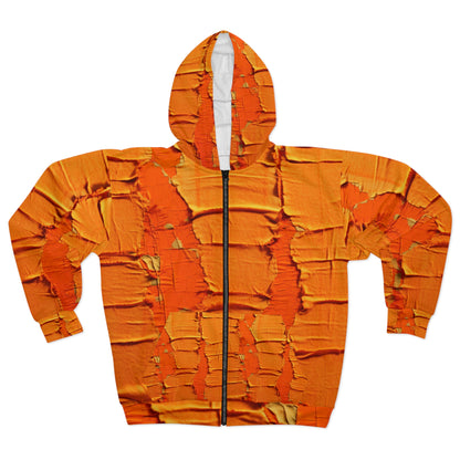 Fiery Citrus Orange: Edgy Distressed, Denim-Inspired Fabric - Unisex Zip Hoodie (AOP)