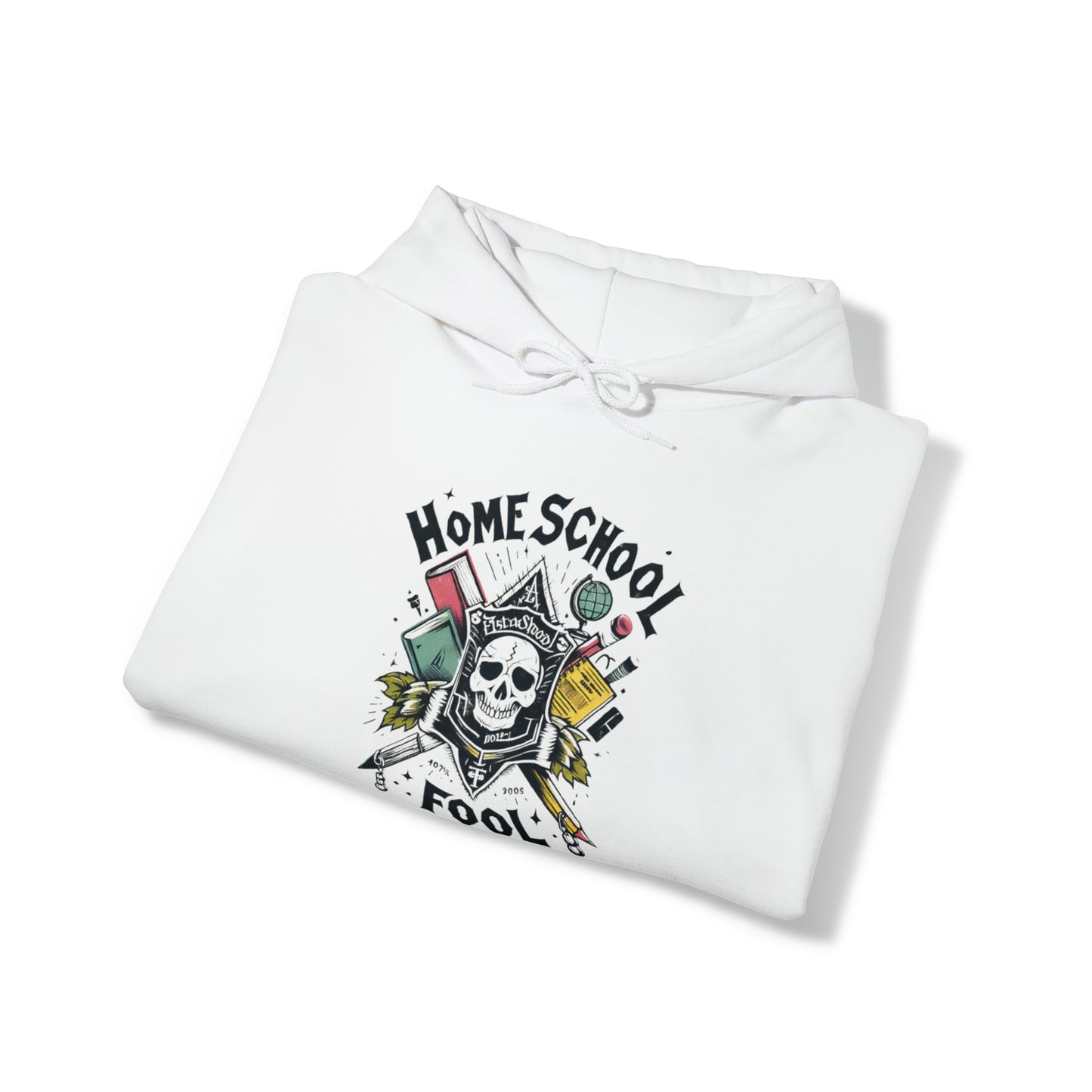 Home School Fool - Cresta académica del cráneo con libros y globo terráqueo, emblema educativo, gótico académico - Sudadera con capucha unisex Heavy Blend™