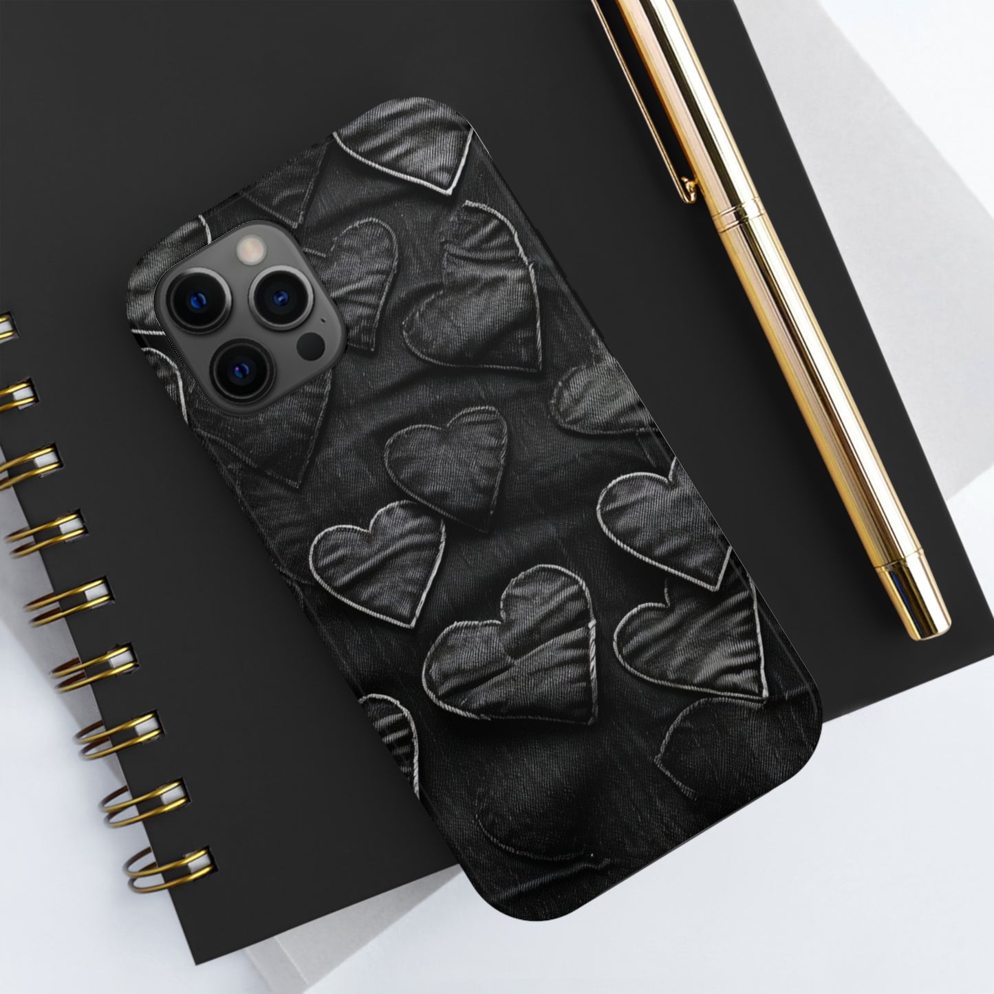 Black: Distressed Denim-Inspired Fabric Heart Embroidery Design - Tough Phone Cases