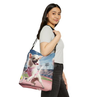 Chihuahua Tennis Ace: Traje rosa para perro, juego deportivo atlético de cancha - Bolsa de mano ajustable (AOP)