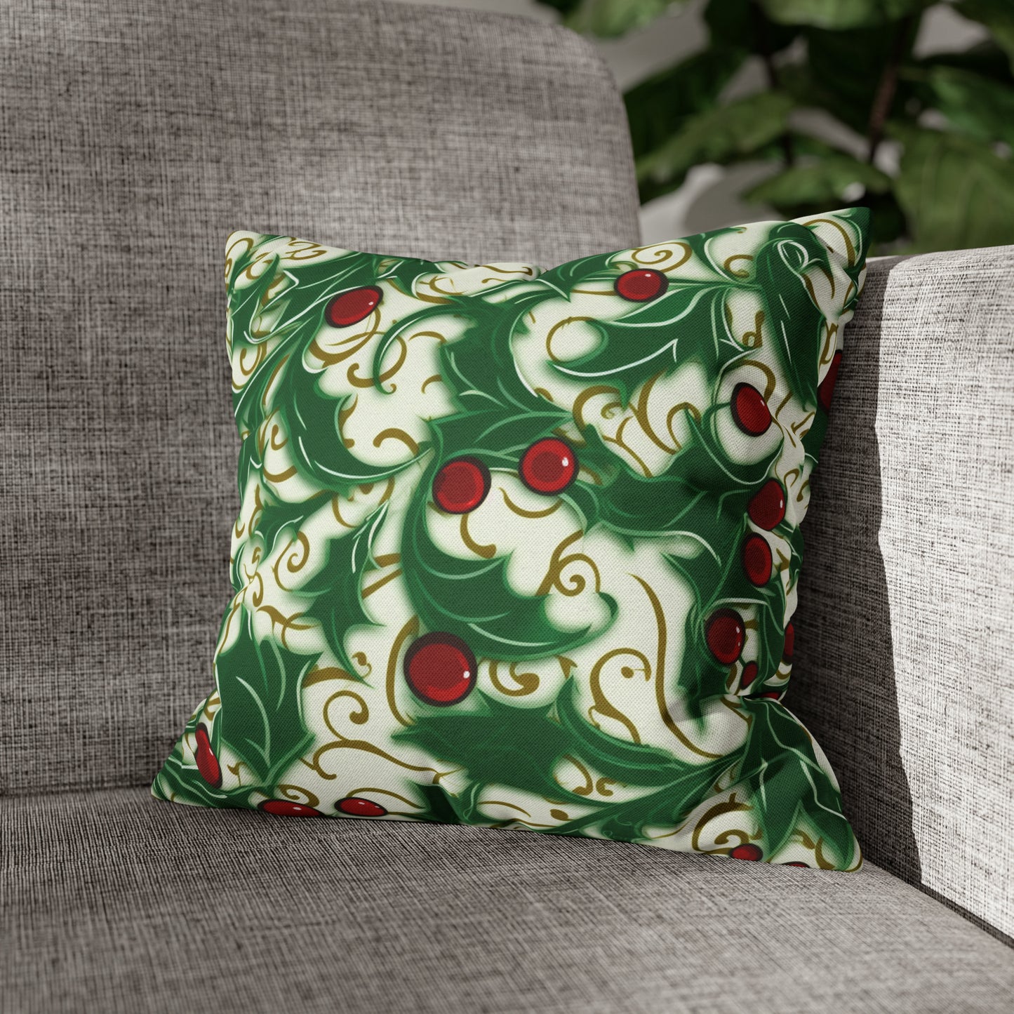 Holiday Elegance: Christmas Holly Swirls Design - Spun Polyester Square Pillow Case