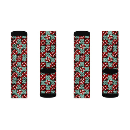 Christmas Crochet Candy Cane - Pepper Red Crystal White Holiday Pattern - Sublimation Socks