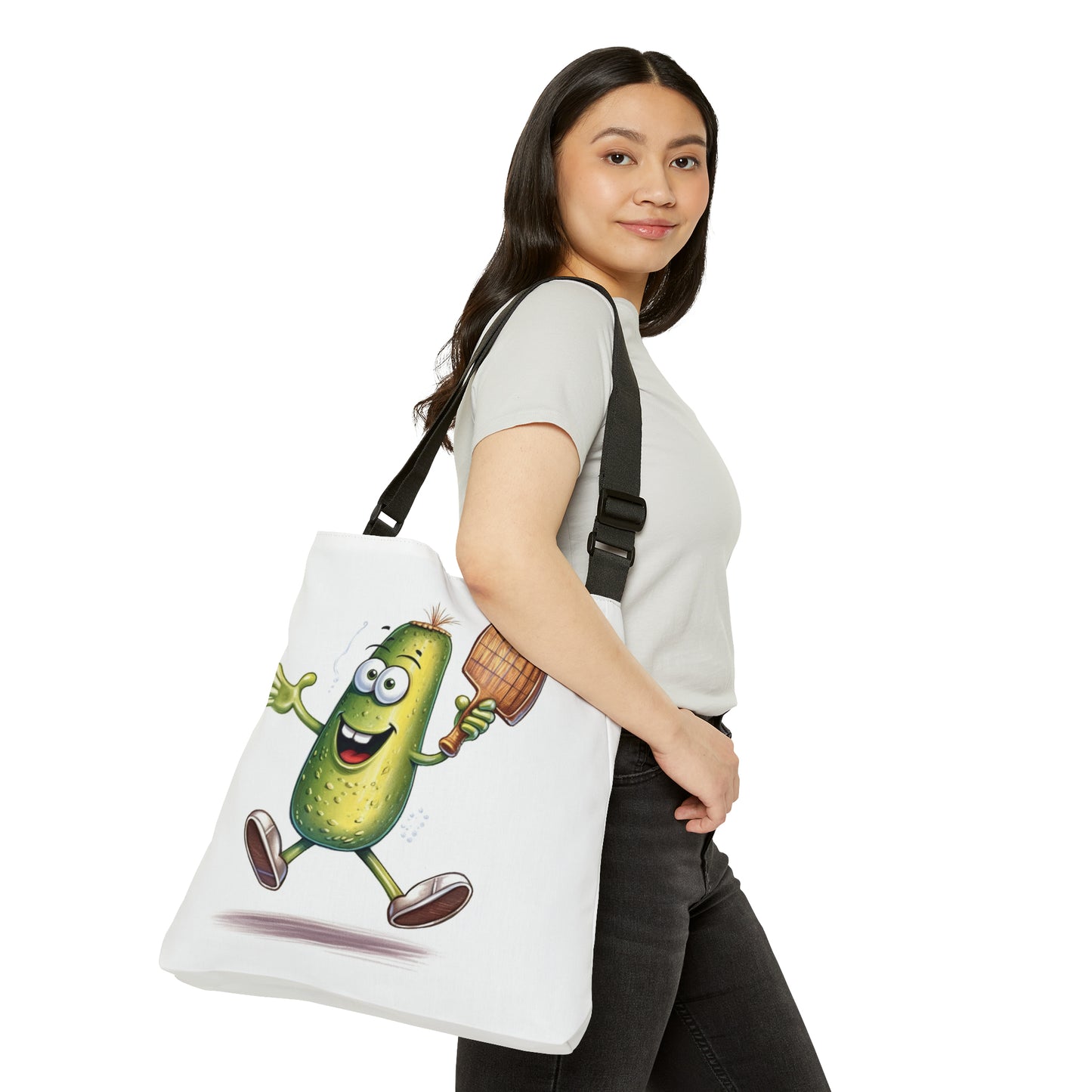 Pickle Player Action: Cartoon Swinging Pickleball Paddle - Sporty Charm - Adjustable Tote Bag (AOP)